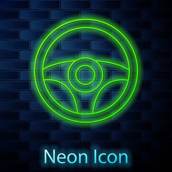 Glowing neon line Steering wheel icon isolated on brick wall background. Car wheel icon. Vector — Stock Vector