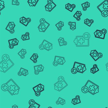 Diş kartı olan siyah çizgi panosu ya da hasta tıbbi kayıtları yeşil arka planda izole edilmiş pürüzsüz kalıp. Diş sigortası. Diş sağlığı kliniği raporu. Vektör