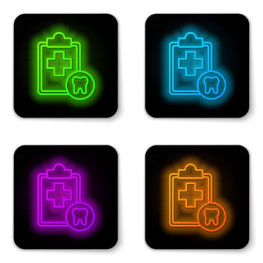 Diş kartı ya da hasta tıbbi kayıtları ikonu olan parlak neon çizgi panosu beyaz arkaplanda izole edilmiş. Diş sigortası. Diş sağlığı kliniği raporu. Siyah kare düğme. Vektör