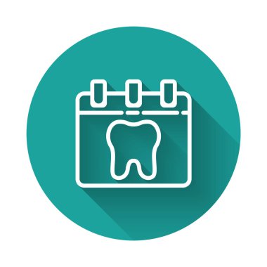 Uzun gölgeli diş ikonlu beyaz çizgi takvimi. Uluslararası Diş Hekimleri Günü, 6 Mart. Mart tatili takvimi. Yeşil daire düğmesi. Vektör