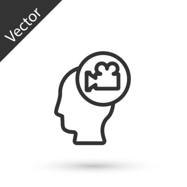 Beyaz arka planda kamera ikonu olan gri çizgi başı. Video kamera. Film tabelası. Film projektörü. Vektör