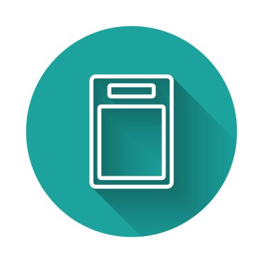 Beyaz çizgi kesme tahtası simgesi uzun gölgeli izole edildi. Kesme tahtası sembolü. Yeşil daire düğmesi. Vektör