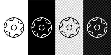 Siyah ve beyaz arkaplanda izole edilmiş çizgi futbol ikonu. Futbol topu. Spor malzemeleri. Vektör