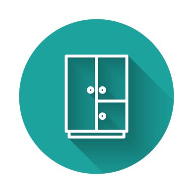 Beyaz çizgi kıyafet ikonu uzun gölgeli izole edilmiş. Yeşil daire düğmesi. Vektör