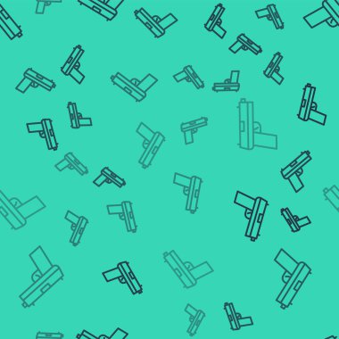 Siyah çizgi tabanca ya da silah ikonu yeşil arka planda izole edilmiş pürüzsüz desen. Polis ya da askeri silah. Küçük ateşli silah. Vektör