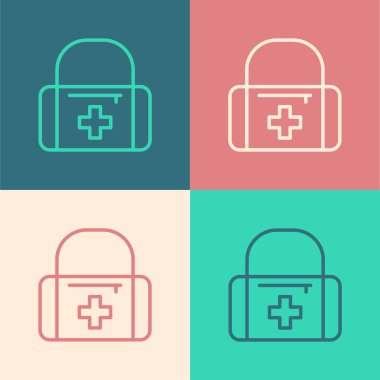 Pop sanat serisi ilk yardım seti simgesi renk arkaplanında izole edildi. Haçlı sağlık kutusu. Acil durumlar için tıbbi ekipman. Sağlık sigortası konsepti. Vektör