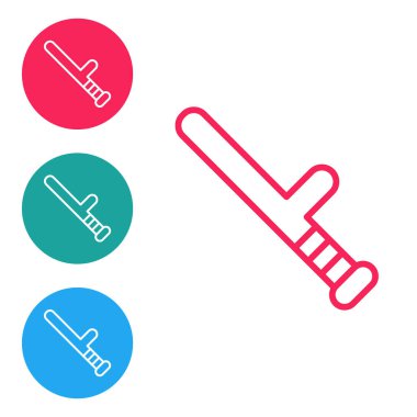 Kırmızı çizgi polis kauçuk çubuk simgesi beyaz arka planda izole edildi. Kauçuk copu. Polis yarasası. Polis ekipmanları. Simgeleri daire düğmelerine ayır. Vektör