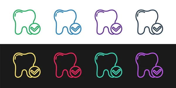 Állítsa vonal Fogfehérítés koncepció ikon elszigetelt fekete-fehér háttér. A fogászati klinika vagy a fogorvosi központ fogszimbóluma. Vektor — Stock Vector