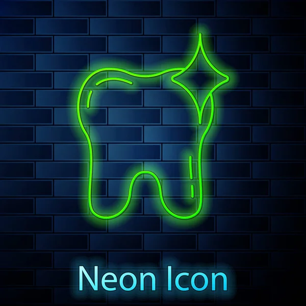 Leuchtende Neon-Linie Zahnweiß-Konzept Symbol isoliert auf Backsteinwand Hintergrund. Zahnsymbol für Zahnklinik oder Zahnarztpraxis. Vektor — Stockvektor