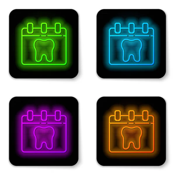 Glowing neon line Calendar with tooth icon isolated on white background. International Dentist Day, March 6. March holiday calendar. Black square button. Vector — Stock Vector