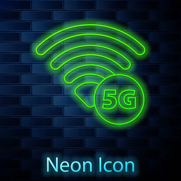 Leuchtende Neon Line 5G neue drahtlose Internet-Wifi-Verbindung Symbol isoliert auf Backsteinmauer Hintergrund. Globale Hochgeschwindigkeitsverbindungstechnologie für Datenraten. Vektor — Stockvektor