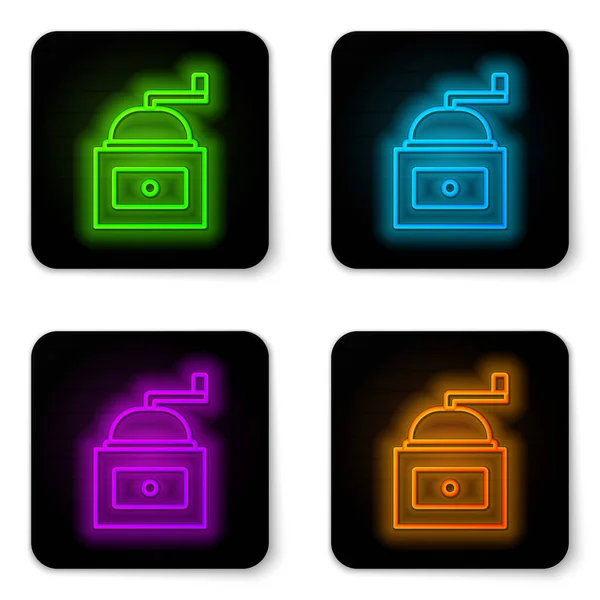 Glowing neon line Manual coffee grinder icon isolated on white background. Black square button. Vector — Stock Vector