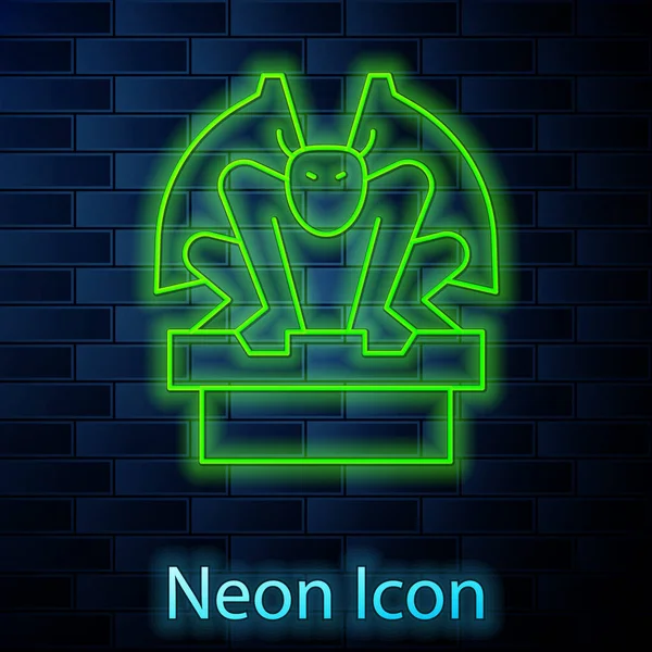 Ligne lumineuse néon Gargoyle sur l'icône du piédestal isolé sur fond de mur de briques. Vecteur — Image vectorielle