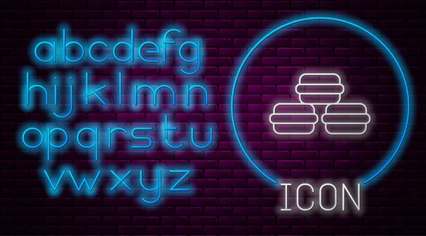 Leuchtende Neon-Linie Macaron-Cookie-Symbol isoliert auf Backsteinwand Hintergrund. Süße Makronenbäckerei. Neonlicht-Alphabet. Vektor — Stockvektor