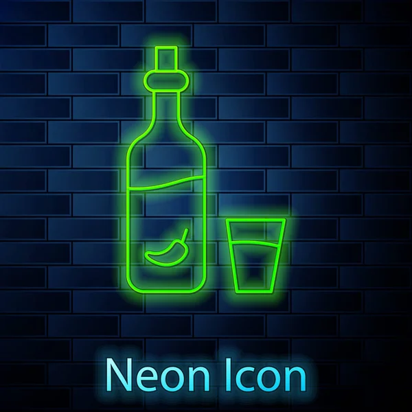 Leuchtender Neon-Line-Wodka mit Pfeffer und Glassymbol isoliert auf Backsteinwand Hintergrund. Ukrainischer Nationalalkohol. Vektor — Stockvektor