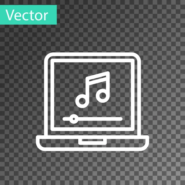 Witte lijn Laptop met muzieknoot symbool op het scherm pictogram geïsoleerd op transparante achtergrond. Vector — Stockvector