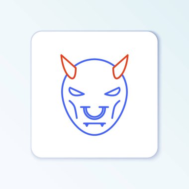 Beyaz arka planda izole edilmiş boynuz simgesi olan şeytanın çizgi maskesi. Renkli taslak konsepti. Vektör