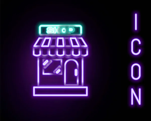 Gloeiende Neon Lijn Winkelgebouw Winkel Pictogram Geïsoleerd Zwarte Achtergrond Winkel — Stockvector