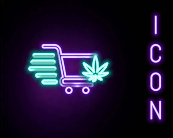 Brillante Línea Neón Carro Compras Con Marihuana Icono Hoja Cannabis — Vector de stock