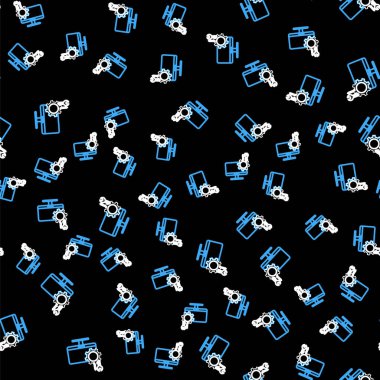 Çizgi bilgisayar monitörü tornavida ve anahtar simgesi ile siyah arkaplanda izole edilmiş pürüzsüz desen. Ayarlama, servis, ayar, bakım, onarım. Vektör