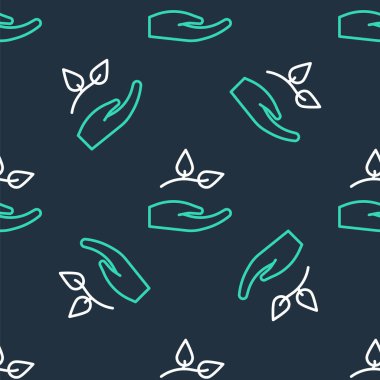 Çevre koruma ikonunun elindeki çizgi yaprağı siyah arkaplanda izole edilmiş kusursuz desen. Tohum ve tohum. Fidan dikiyorum. Ekoloji konsepti. Vektör