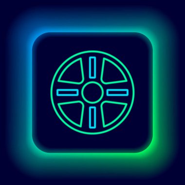 Siyah arkaplanda izole edilmiş bir araba simgesi için parlayan neon hat alloy tekerleği. Renkli taslak konsepti. Vektör