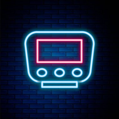 Parlayan neon hattı bisiklet hız göstergesi simgesi tuğla duvar arka planında izole edildi. Renkli taslak konsepti. Vektör