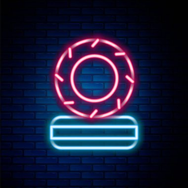 Parlayan neon hat yanan lastik ikonu tuğla duvar arkasında izole edilmiş. Renkli taslak konsepti. Vektör