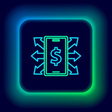 Siyah arkaplanda dolar sembolü olan parlak neon hattı Smartphone. İnternetten alışveriş konsepti. Finansal cep telefonu simgesi. Çevrimiçi ödeme. Renkli taslak konsepti. Vektör