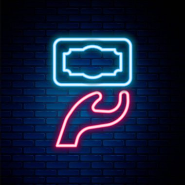 Parlayan neon hattı bağışı ve hayırseverlik simgesi tuğla duvar arkasında izole edilmiş. Para ve bağış konsepti. Renkli taslak konsepti. Vektör