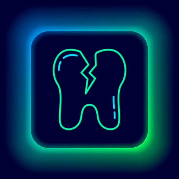 ネオンラインの輝き黒い背景に孤立した壊れた歯のアイコン 歯の問題のアイコン 歯のケアのシンボル カラフルなアウトラインコンセプト ベクトル — ストックベクタ