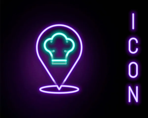 Leuchtende Neonfarbene Kochmütze Mit Standort Symbol Isoliert Auf Schwarzem Hintergrund — Stockvektor
