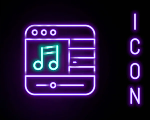 Glödande Neon Line Musik Spelare Ikon Isolerad Svart Bakgrund Bärbar — Stock vektor