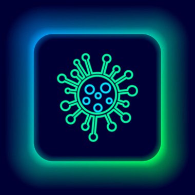 Parlayan neon hattı bakteri simgesi siyah arkaplanda izole edildi. Bakteriler ve mikroorganizmalar, sebep olan mikroorganizma hastalıkları, hücre kanseri, mikrop, virüs, mantar. Renkli taslak konsepti. Vektör