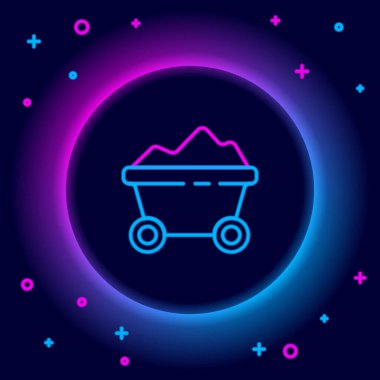 Parlayan neon hattı Kömür madeni tramvay ikonu siyah arka planda izole edildi. Fabrika kömür madeni vagonu. Renkli taslak konsepti. Vektör