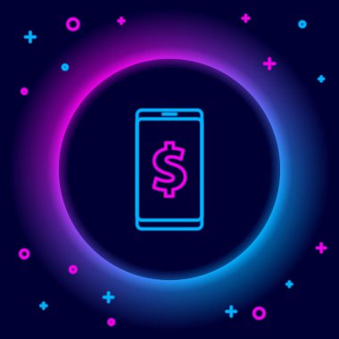 Siyah arkaplanda dolar sembolü olan parlak neon hattı Smartphone. İnternetten alışveriş konsepti. Finansal cep telefonu. Çevrimiçi ödeme. Renkli taslak konsepti. Vektör
