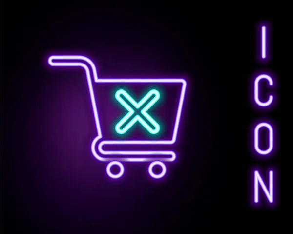 Gloeiende neon lijn Verwijder winkelwagen pictogram geïsoleerd op zwarte achtergrond. Online kopen concept. Bezorging bord. Supermarkt mand en X-mark. Kleurrijk concept. Vector — Stockvector