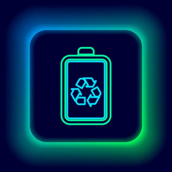 Leuchtende Leuchtstoffbatterie mit Recycling-Symbol auf schwarzem Hintergrund. Batterie mit Recycling-Symbol - Konzept für erneuerbare Energien. Buntes Rahmenkonzept. Vektor — Stockvektor