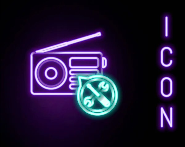 Linea neon luminosa Radio con cacciavite e chiave a icona isolata su sfondo nero. Regolazione, assistenza, regolazione, manutenzione, riparazione, fissaggio. Concetto di contorno colorato. Vettore — Vettoriale Stock