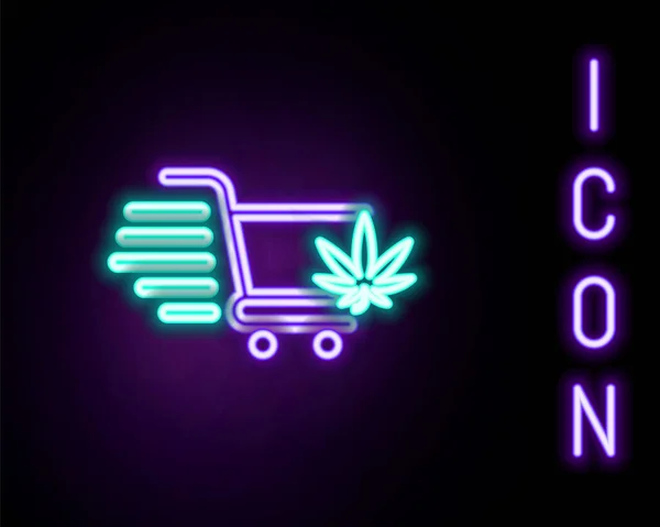 Brillante línea de neón Carro de compras con marihuana o icono de hoja de cannabis aislado sobre fondo negro. Compra en línea. Servicio de entrega. Cesta del supermercado. Concepto de esquema colorido. Vector — Vector de stock