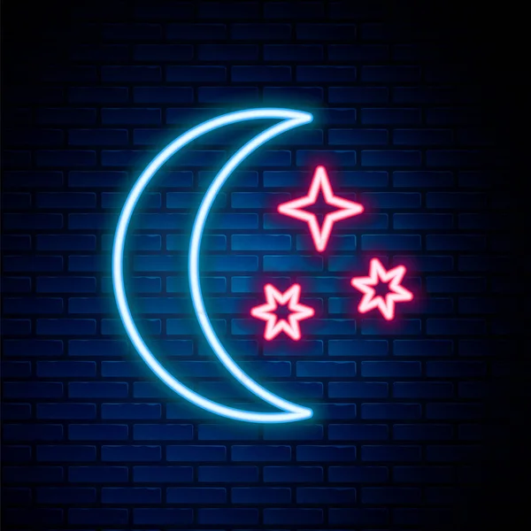 Brillante línea de neón Luna y estrellas icono aislado en el fondo de la pared de ladrillo. Concepto de esquema colorido. Vector — Archivo Imágenes Vectoriales