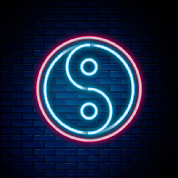 Parlak neon hattı Yin Yang ahenk sembolü ve denge simgesi tuğla duvar arka planında izole edilmiş. Renkli taslak konsepti. Vektör