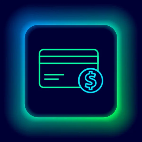 Leuchtende Leuchtschrift Kreditkarte und Dollarsymbol isoliert auf schwarzem Hintergrund. Online-Zahlung. Barabhebungen. Finanzgeschäfte. Buntes Rahmenkonzept. Vektor — Stockvektor