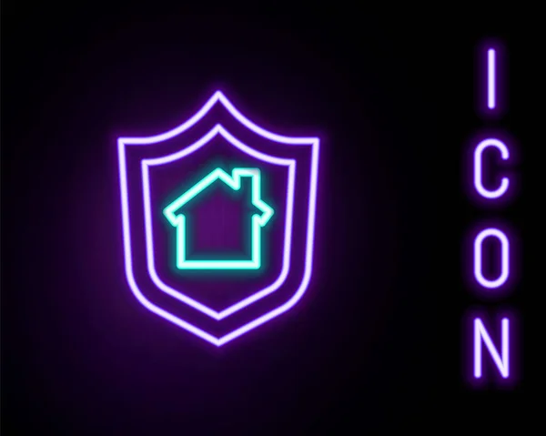 Gloeiende neon lijn Huis met schild pictogram geïsoleerd op zwarte achtergrond. Verzekeringsconcept. Beveiliging, veiligheid, bescherming, bescherming concept. Kleurrijk concept. Vector — Stockvector