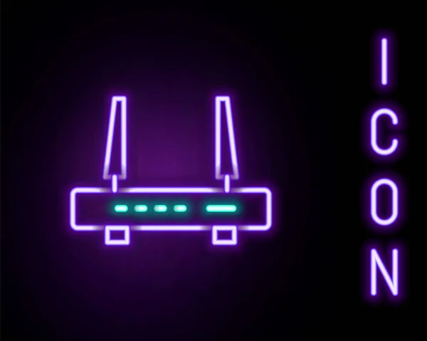 Parlayan neon hat Router ve wi-fi sinyal ikonu siyah arkaplanda izole edildi. Kablosuz ethernet modem yönlendirici. Bilgisayar teknolojisi interneti. Renkli taslak konsepti. Vektör — Stok Vektör