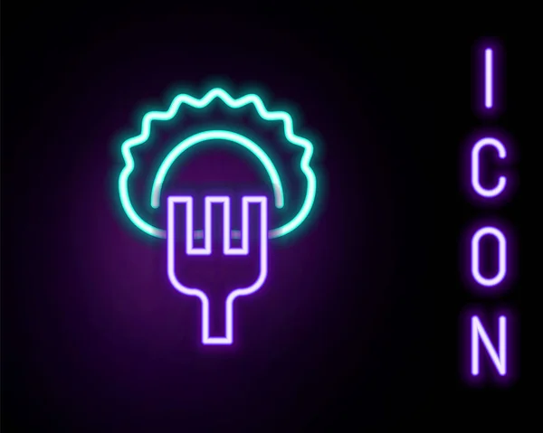 Leuchtende Neon-Knödel auf Gabelsymbol isoliert auf schwarzem Hintergrund. Pierogi, varenyky, pelmeni, ravioli. Traditionelle ukrainische Küche. Buntes Rahmenkonzept. Vektor — Stockvektor