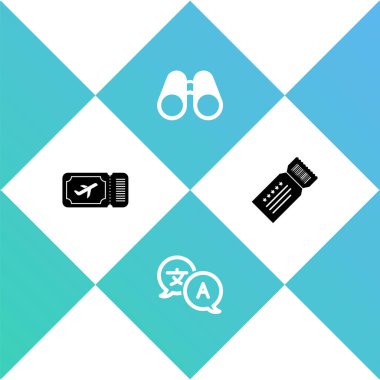 Uçak biletini, tercümanı, dürbünü ve bilet simgesini ayarla. Vektör