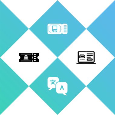 Müze bileti, çevirmen, otobüs ve çevrimiçi araba paylaşım simgesi ayarla. Vektör