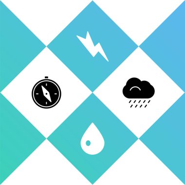 Pusulayı, su damlasını, yıldırımı ve yağmur ikonuyla Bulut 'u ayarla. Vektör