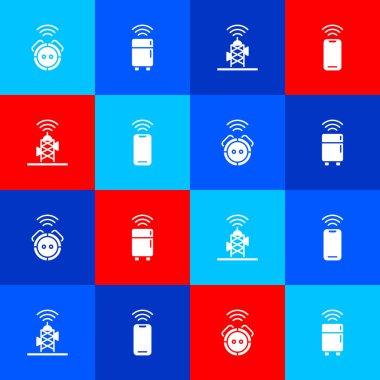 Robot elektrikli süpürge, akıllı buzdolabı, kablosuz anten ve akıllı telefon simgesini ayarla. Vektör